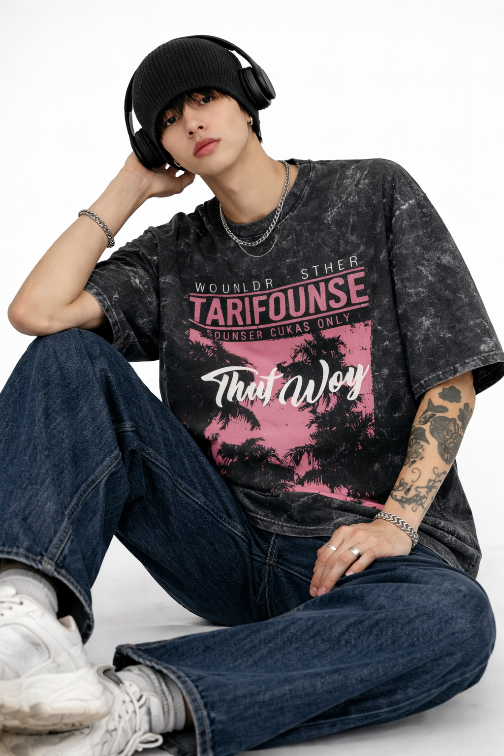 Palm Dusk Acid-Wash Oversized Cotton Tee