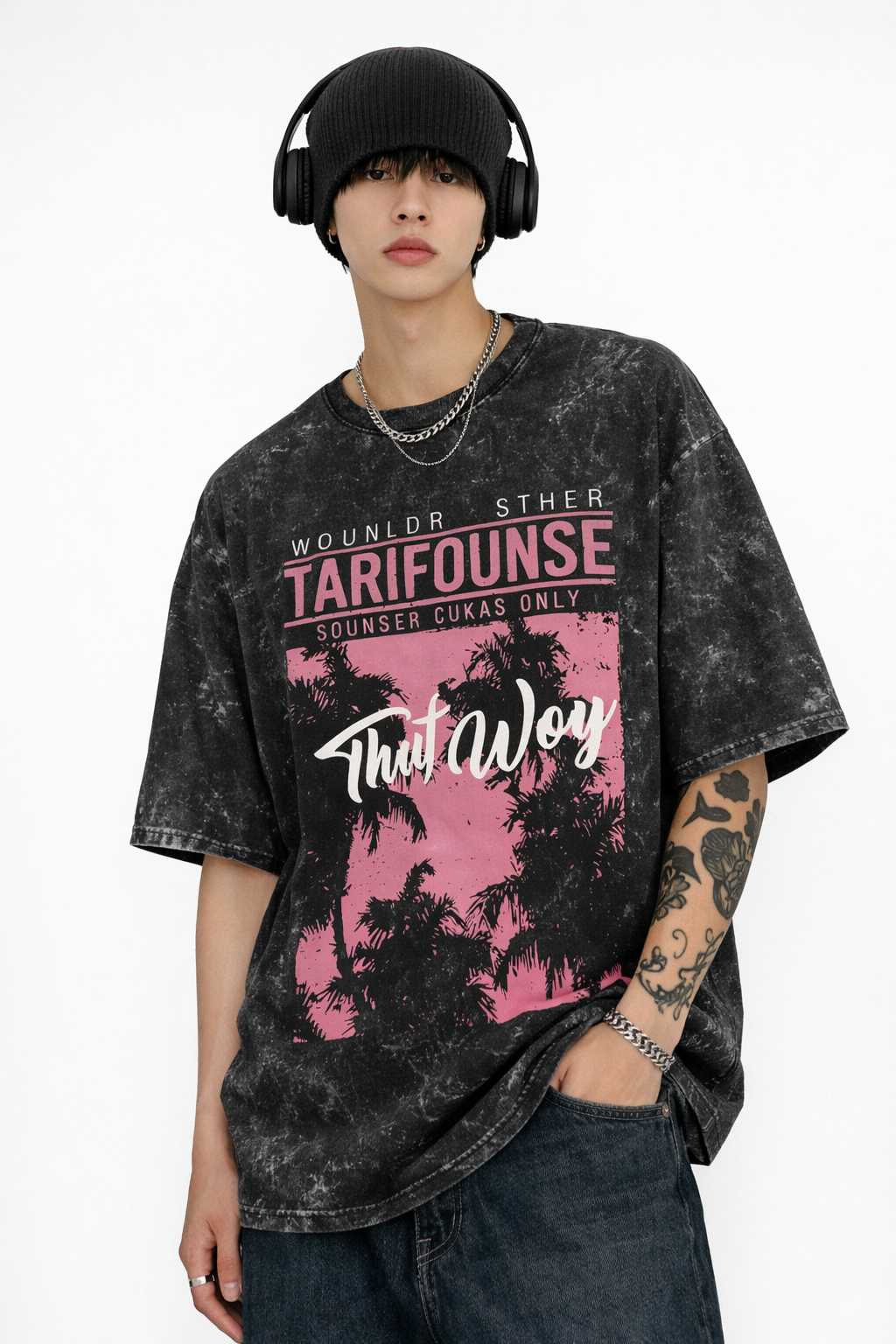 Palm Dusk Acid-Wash Oversized Cotton Tee